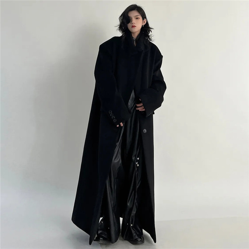 Palton lung negru de lână femeie toamnă iarnă noua culoare solidă rever cu buzunar la un singur piept Top simplu ZM019