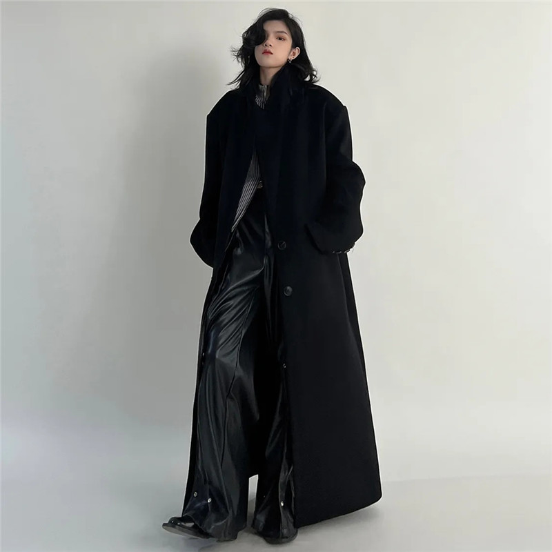 Palton lung negru de lână femeie toamnă iarnă noua culoare solidă rever cu buzunar la un singur piept Top simplu ZM019