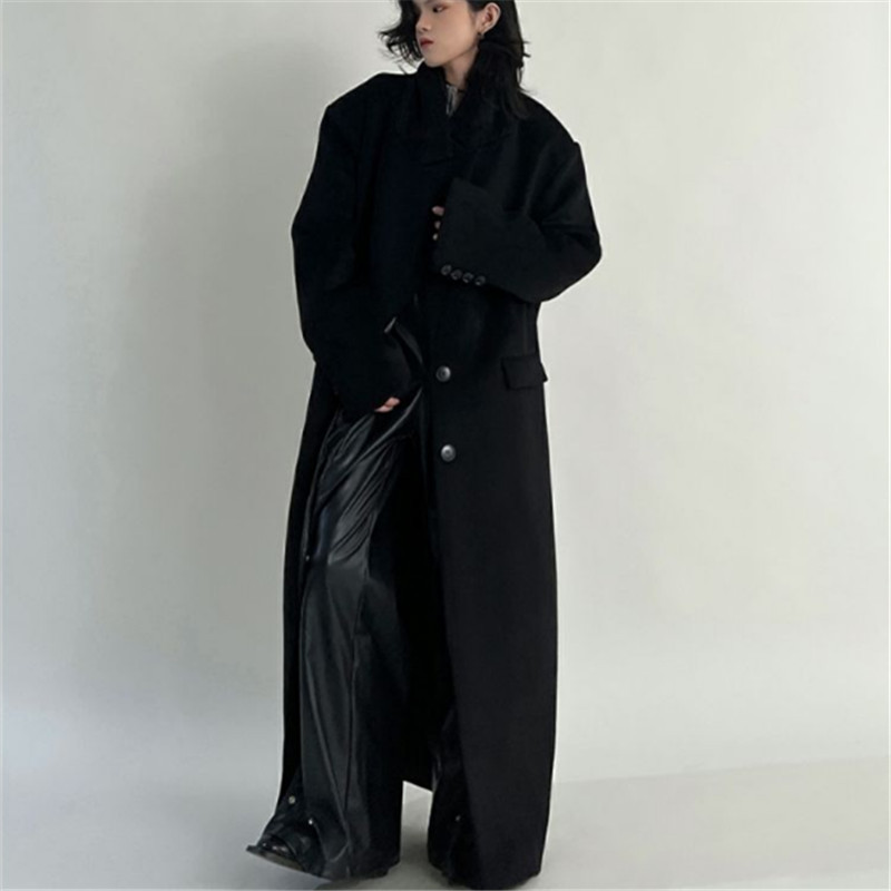 Palton lung negru de lână femeie toamnă iarnă noua culoare solidă rever cu buzunar la un singur piept Top simplu ZM019