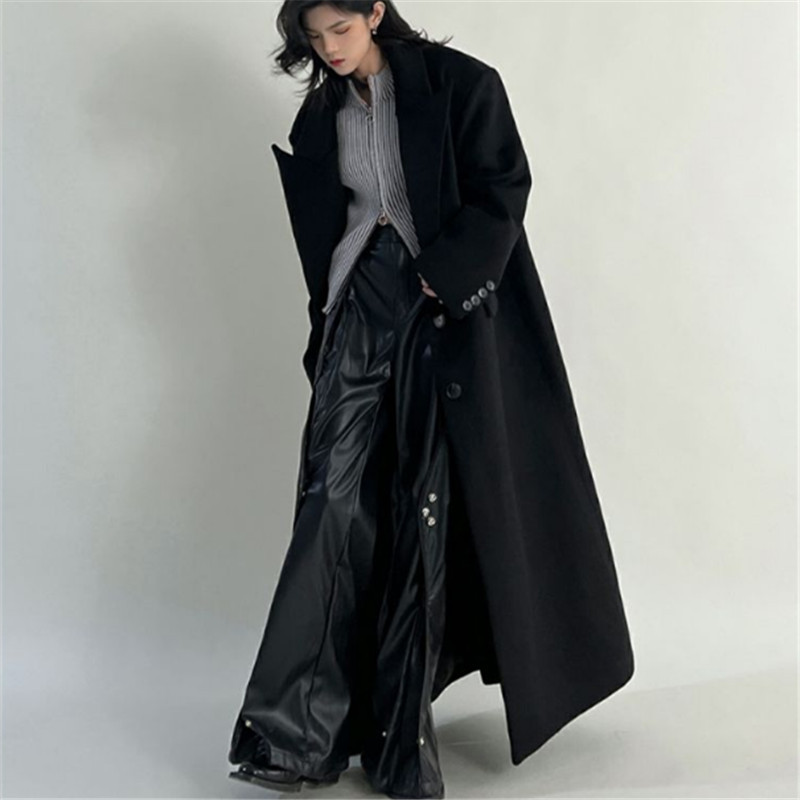 Palton lung negru de lână femeie toamnă iarnă noua culoare solidă rever cu buzunar la un singur piept Top simplu ZM019