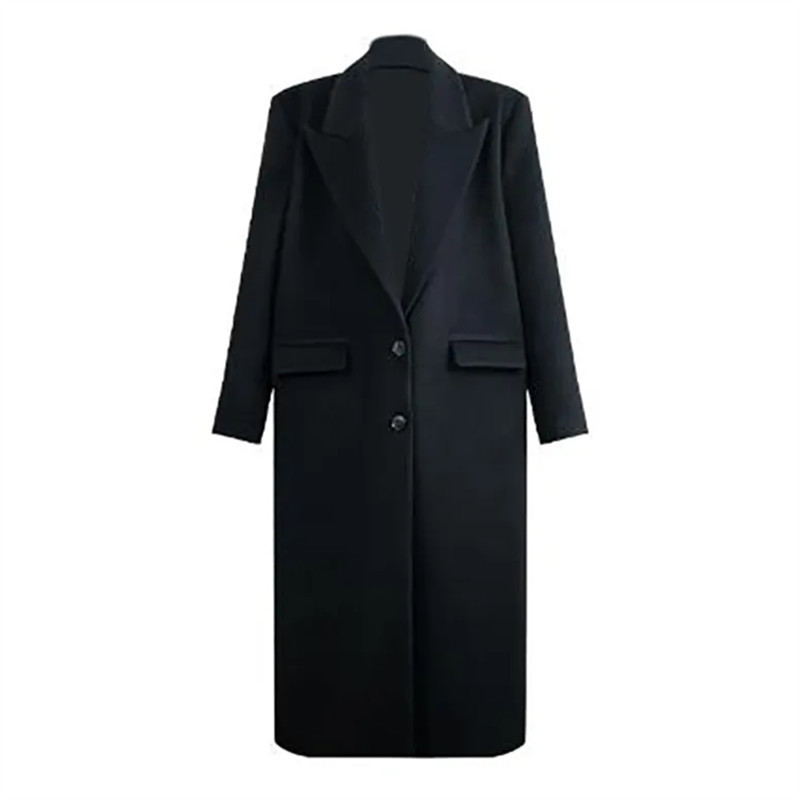 Palton lung negru de lână femeie toamnă iarnă noua culoare solidă rever cu buzunar la un singur piept Top simplu ZM019