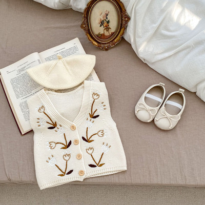 Copii Imbracaminte de tip boutique Fete Vesta de toamna Decolteu in V Tricotat Broderie Culoare uni All-match Casual Moda Frumos Un singur piept