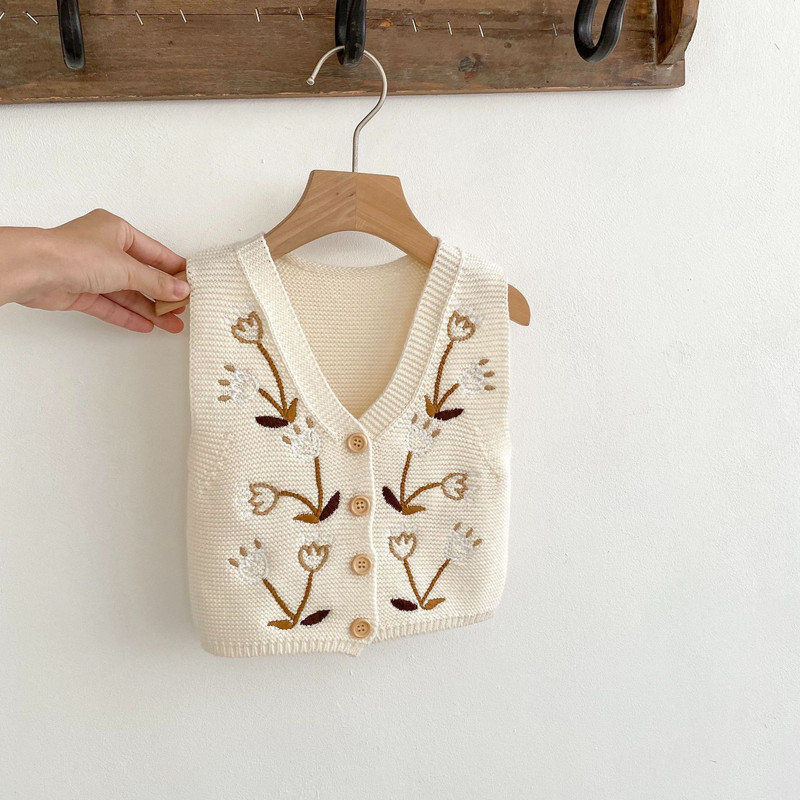 Copii Imbracaminte de tip boutique Fete Vesta de toamna Decolteu in V Tricotat Broderie Culoare uni All-match Casual Moda Frumos Un singur piept