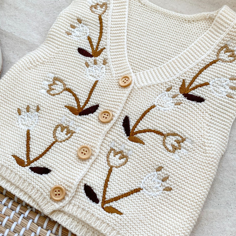 Copii Imbracaminte de tip boutique Fete Vesta de toamna Decolteu in V Tricotat Broderie Culoare uni All-match Casual Moda Frumos Un singur piept