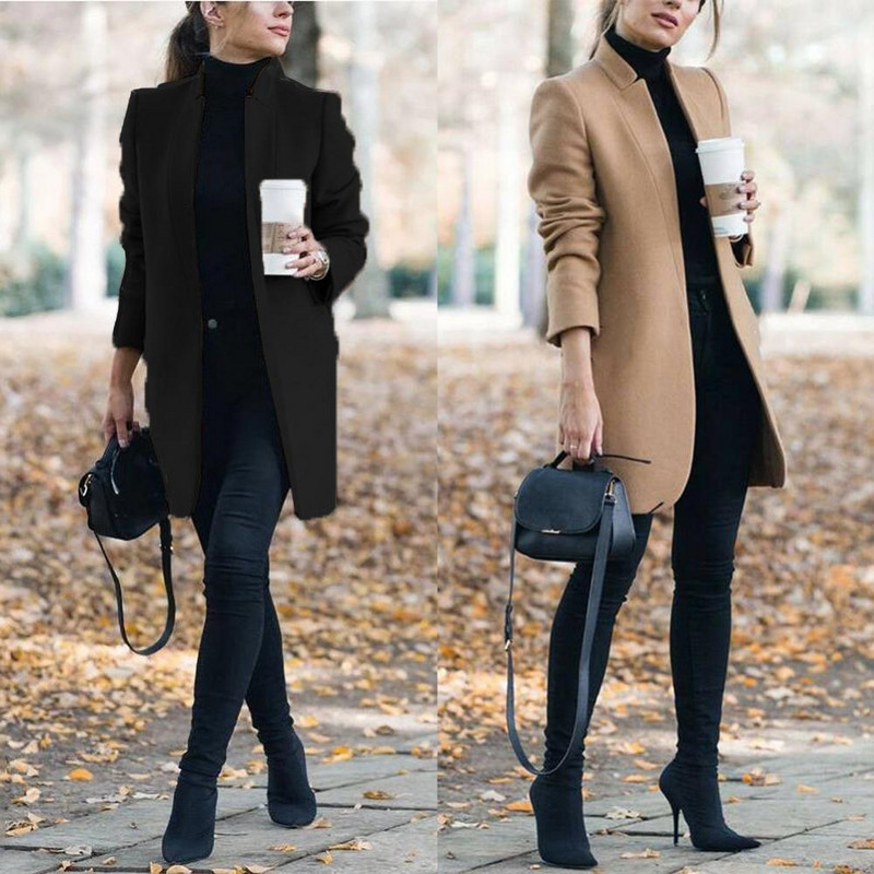 Holifeni Office Lady Toamnă Iarnă Jachete Femei Amestecuri Culoare Solidă Guler Stand Femei Amestecuri Jachetă Lână Longă Jachetă Plus Size