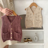 Odjeća za djevojčice, dječji prsluk, prsluk za jesen 2023., novorođenčad, izdubljeni džepovi, pleteni kardigan za sve vrste, jednostavna ležerna moda