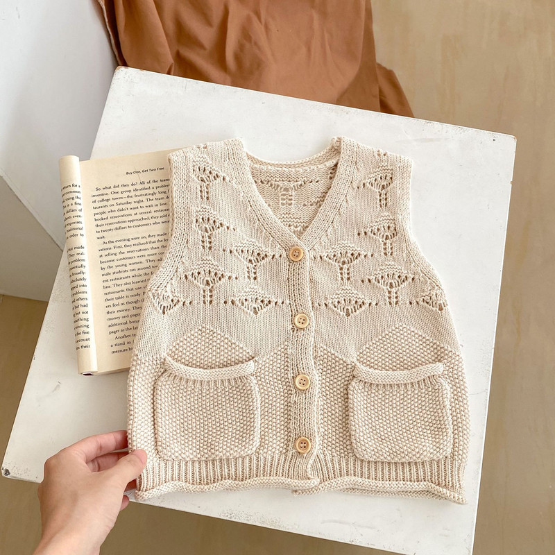 Odjeća za djevojčice, dječji prsluk, prsluk za jesen 2023., novorođenčad, izdubljeni džepovi, pleteni kardigan za sve vrste, jednostavna ležerna moda