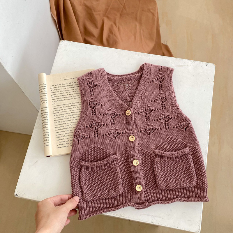 Odjeća za djevojčice, dječji prsluk, prsluk za jesen 2023., novorođenčad, izdubljeni džepovi, pleteni kardigan za sve vrste, jednostavna ležerna moda