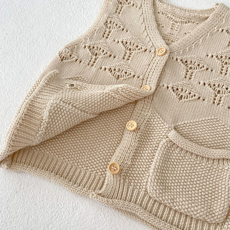 Odjeća za djevojčice, dječji prsluk, prsluk za jesen 2023., novorođenčad, izdubljeni džepovi, pleteni kardigan za sve vrste, jednostavna ležerna moda
