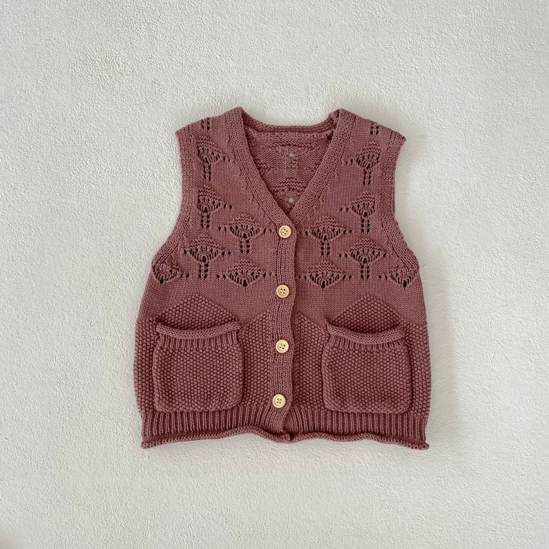 Odjeća za djevojčice, dječji prsluk, prsluk za jesen 2023., novorođenčad, izdubljeni džepovi, pleteni kardigan za sve vrste, jednostavna ležerna moda