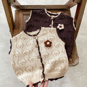 Odjeća za djevojčice za djecu Jesenski prsluk 2023. Jednobojni jednobojni vintage stil O-izreza Pleteni izdubljeni rukavi s jednim kopčanjem