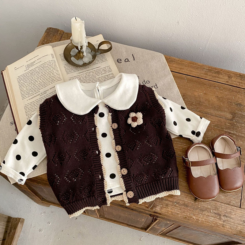 Odjeća za djevojčice za djecu Jesenski prsluk 2023. Jednobojni jednobojni vintage stil O-izreza Pleteni izdubljeni rukavi s jednim kopčanjem