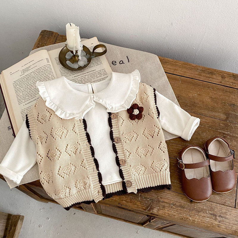 Odjeća za djevojčice za djecu Jesenski prsluk 2023. Jednobojni jednobojni vintage stil O-izreza Pleteni izdubljeni rukavi s jednim kopčanjem
