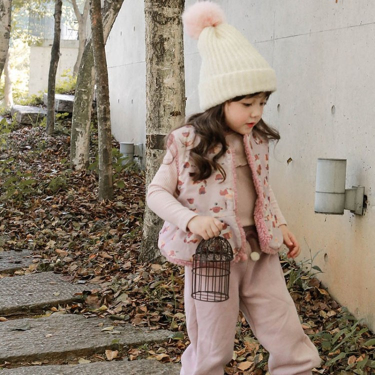 Vaikiški drabužiai mergaitėms Liemenė 2023 m. rudens žiemos apverčiama dėvėjimas gėlėmis marginta pliušinė medvilnė liemenė vienspalvė miela miela