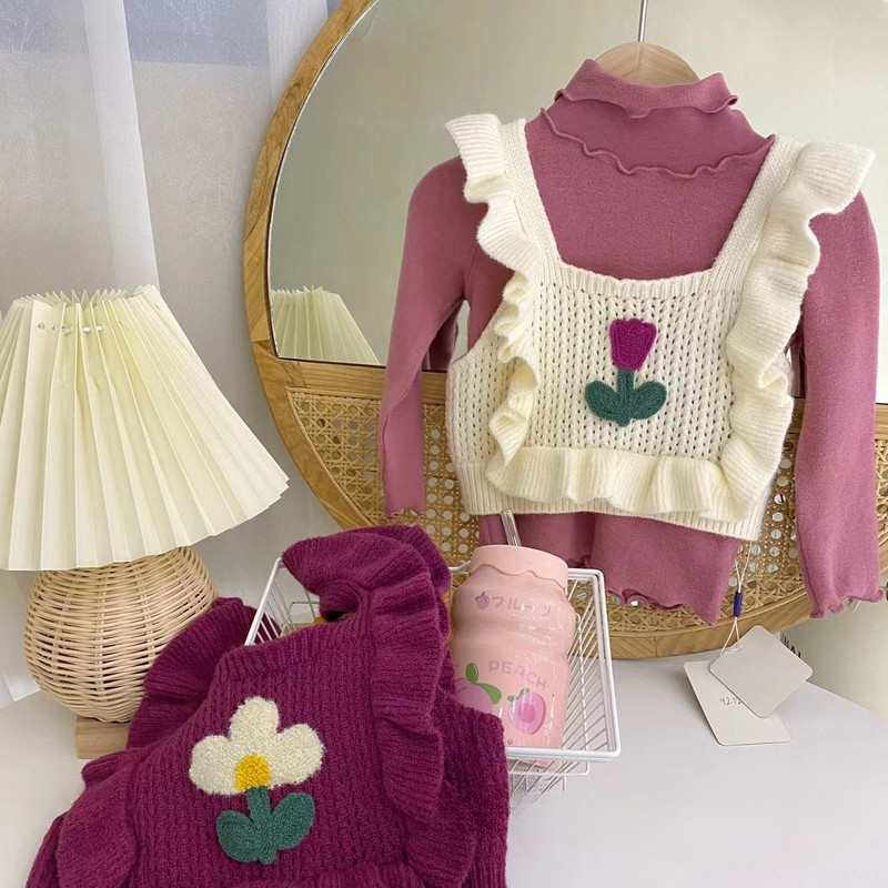 Zimska odjeća za djevojčice Jesenski prsluk Prsluk 2023 Novi čipkani ovratnik Pamučno pletivo Jednobojni cvjetni uzorak Topli tregeri