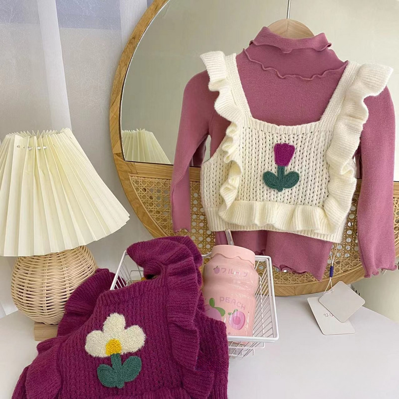 Zimska odjeća za djevojčice Jesenski prsluk Prsluk 2023 Novi čipkani ovratnik Pamučno pletivo Jednobojni cvjetni uzorak Topli tregeri