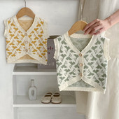 2023 Jesen Zima Odjeća za djevojčice Prsluk Kombinirani kardigan lisnati žakard pleteni s V izrezom jednobojni bez rukava jednoredno kopčanje