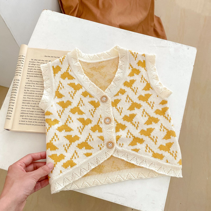 2023 Jesen Zima Odjeća za djevojčice Prsluk Kombinirani kardigan lisnati žakard pleteni s V izrezom jednobojni bez rukava jednoredno kopčanje