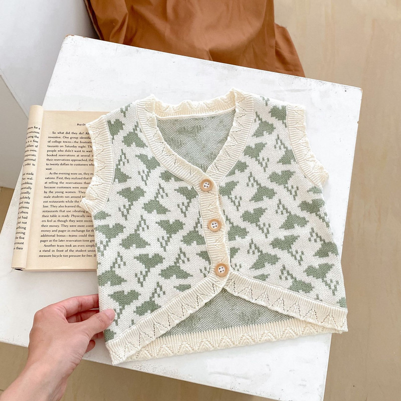 2023 Jesen Zima Odjeća za djevojčice Prsluk Kombinirani kardigan lisnati žakard pleteni s V izrezom jednobojni bez rukava jednoredno kopčanje