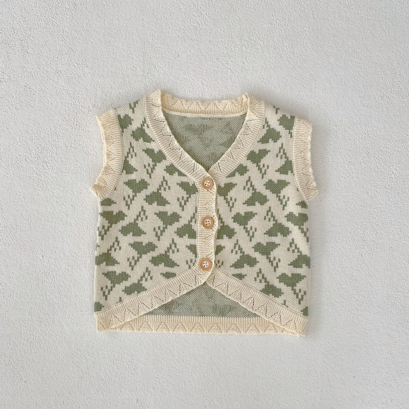 2023 Jesen Zima Odjeća za djevojčice Prsluk Kombinirani kardigan lisnati žakard pleteni s V izrezom jednobojni bez rukava jednoredno kopčanje