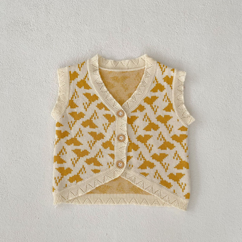 2023 Jesen Zima Odjeća za djevojčice Prsluk Kombinirani kardigan lisnati žakard pleteni s V izrezom jednobojni bez rukava jednoredno kopčanje
