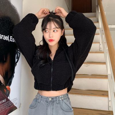2023 Nouă îmbrăcăminte pentru femei la modă cu glugă Jachetă scurtă cu fermoar femei iarnă negru modă casual anii 90 Harajuku coreeană femei