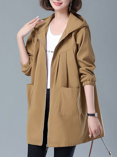 YISOLIFE Ženske jakne dugih rukava Lagane trenč jakne s kapuljačom široke vjetrobranske jakne s patentnim zatvaračem i džepovima