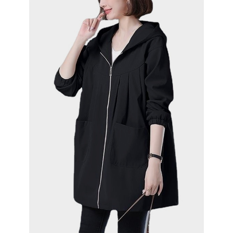 YISOLIFE Ženske jakne dugih rukava Lagane trenč jakne s kapuljačom široke vjetrobranske jakne s patentnim zatvaračem i džepovima