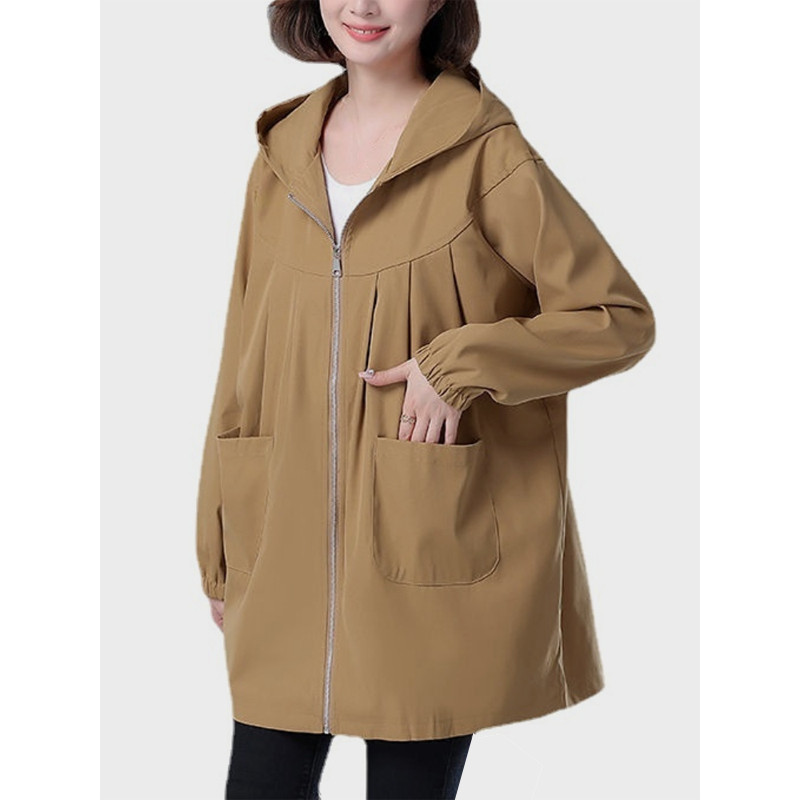 YISOLIFE Ženske jakne dugih rukava Lagane trenč jakne s kapuljačom široke vjetrobranske jakne s patentnim zatvaračem i džepovima
