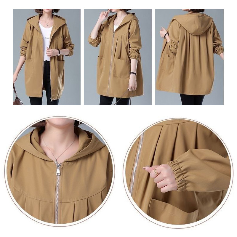 YISOLIFE Ženske jakne dugih rukava Lagane trenč jakne s kapuljačom široke vjetrobranske jakne s patentnim zatvaračem i džepovima