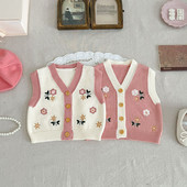 Nova jesen 2023., dječja odjeća za djevojčice, prsluk, kaput, pamuk, jednobojna, slatka, lijepa, pletena pređa s izvezenim V-izrezom