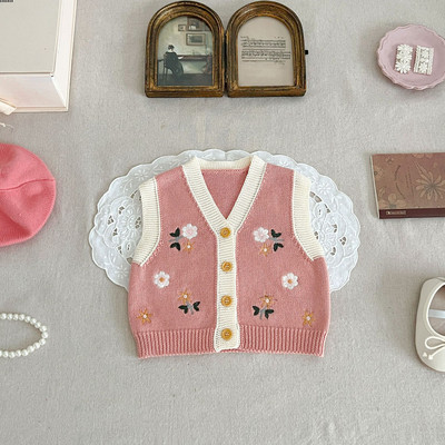 Nova jesen 2023., dječja odjeća za djevojčice, prsluk, kaput, pamuk, jednobojna, slatka, lijepa, pletena pređa s izvezenim V-izrezom