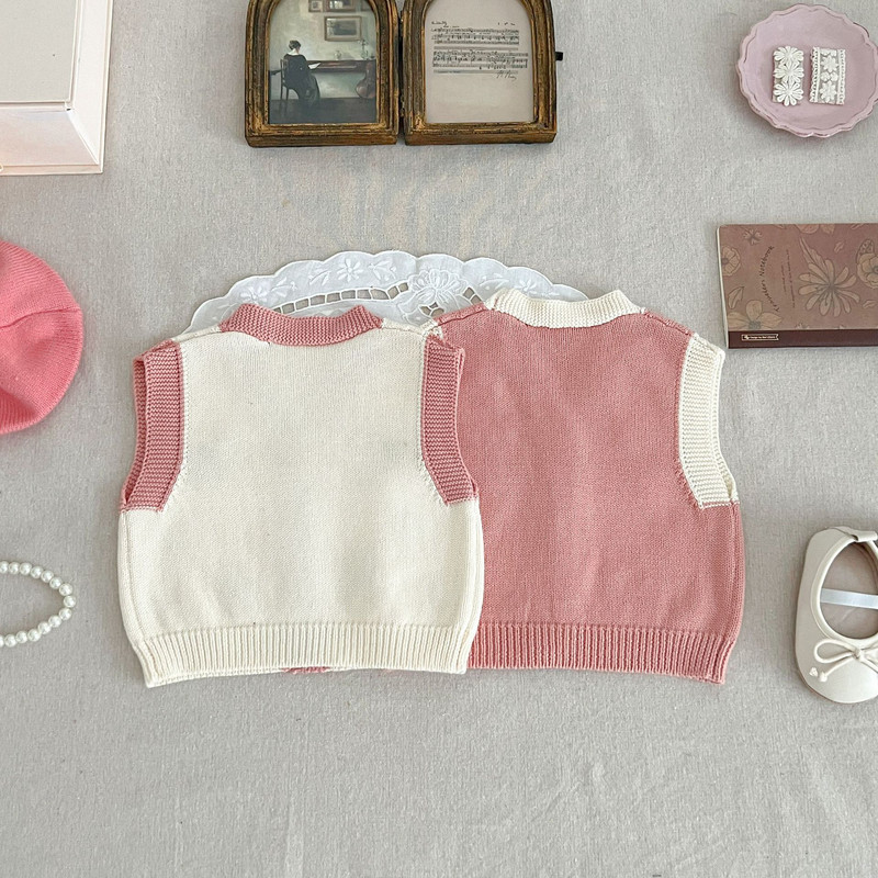 Nova jesen 2023., dječja odjeća za djevojčice, prsluk, kaput, pamuk, jednobojna, slatka, lijepa, pletena pređa s izvezenim V-izrezom