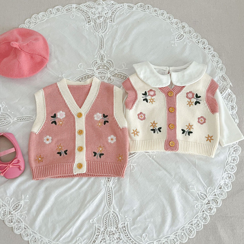 Nova jesen 2023., dječja odjeća za djevojčice, prsluk, kaput, pamuk, jednobojna, slatka, lijepa, pletena pređa s izvezenim V-izrezom