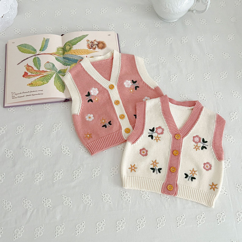 Nova jesen 2023., dječja odjeća za djevojčice, prsluk, kaput, pamuk, jednobojna, slatka, lijepa, pletena pređa s izvezenim V-izrezom