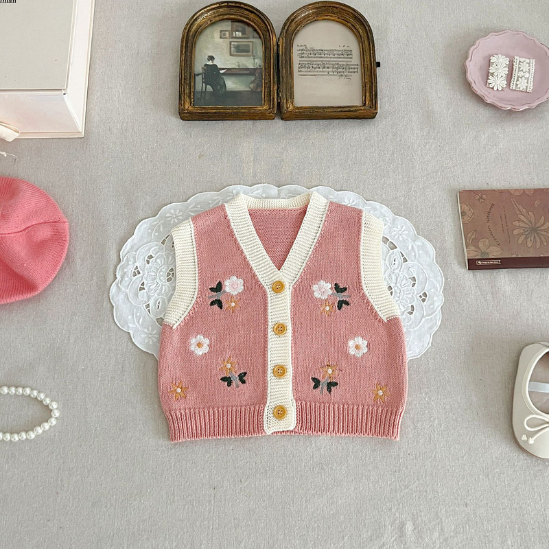Nova jesen 2023., dječja odjeća za djevojčice, prsluk, kaput, pamuk, jednobojna, slatka, lijepa, pletena pređa s izvezenim V-izrezom