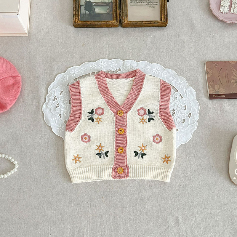 Nova jesen 2023., dječja odjeća za djevojčice, prsluk, kaput, pamuk, jednobojna, slatka, lijepa, pletena pređa s izvezenim V-izrezom