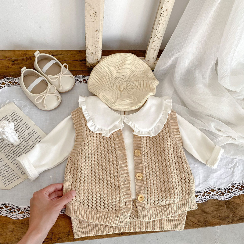 Zimska odjeća za djevojčice, prsluk, prsluk s O-izrezom, jesen 2023. Jednobojni jednobojni pamučni izdubljeni pleteni kaput bez rukava