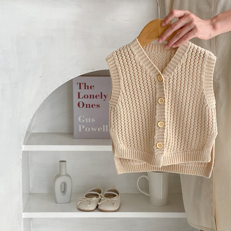 Zimska odjeća za djevojčice, prsluk, prsluk s O-izrezom, jesen 2023. Jednobojni jednobojni pamučni izdubljeni pleteni kaput bez rukava