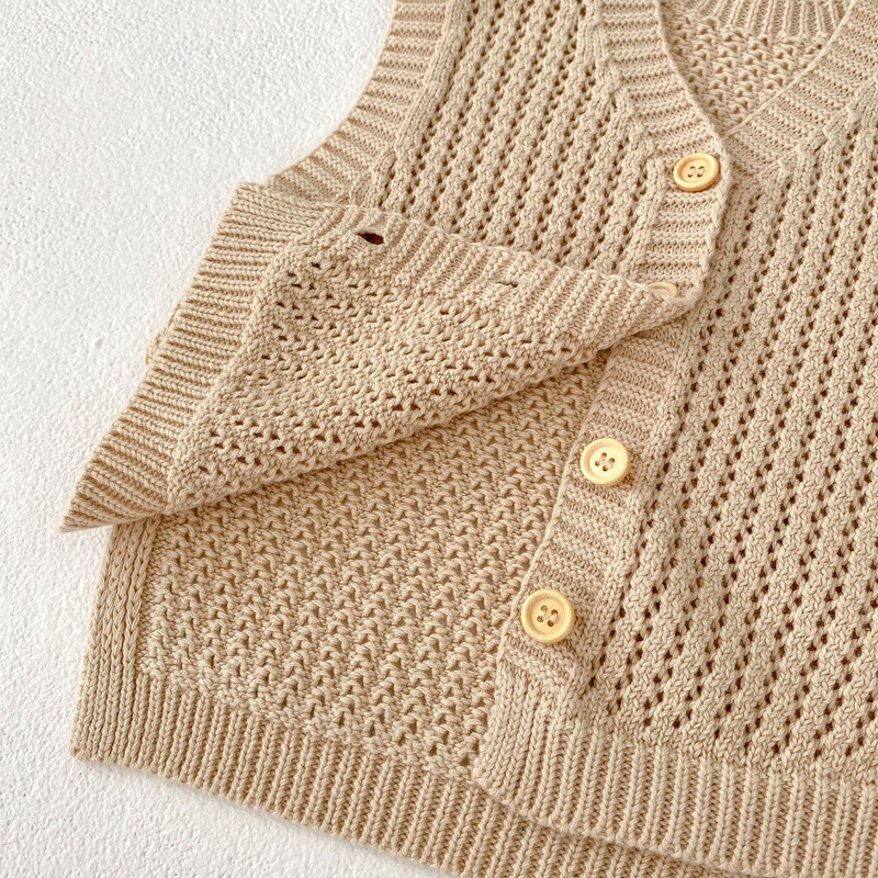Zimska odjeća za djevojčice, prsluk, prsluk s O-izrezom, jesen 2023. Jednobojni jednobojni pamučni izdubljeni pleteni kaput bez rukava