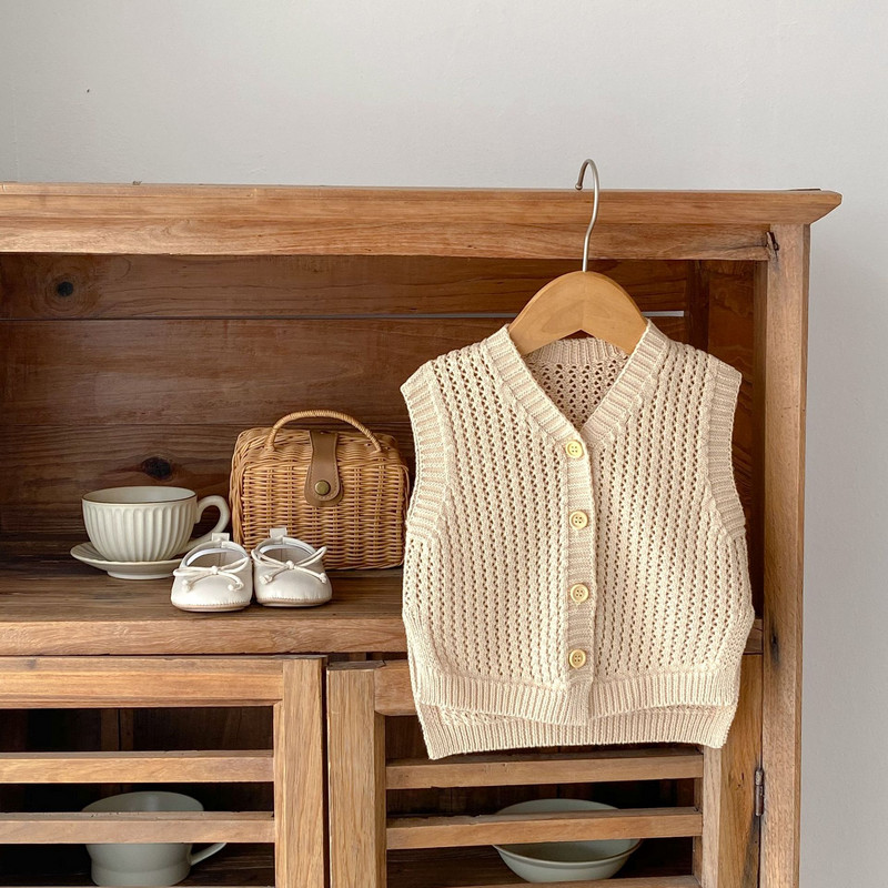 Zimska odjeća za djevojčice, prsluk, prsluk s O-izrezom, jesen 2023. Jednobojni jednobojni pamučni izdubljeni pleteni kaput bez rukava