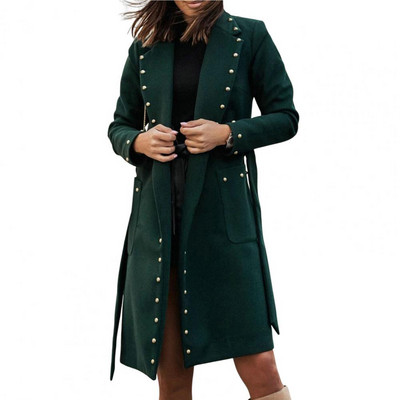 Ženski kaput, ovratnik s preklopom, dugi rukavi, remen na vezanje oko struka, dekor s zakovicama, srednje dugačak vuneni zimski topli ženski kaput, ulična odjeća