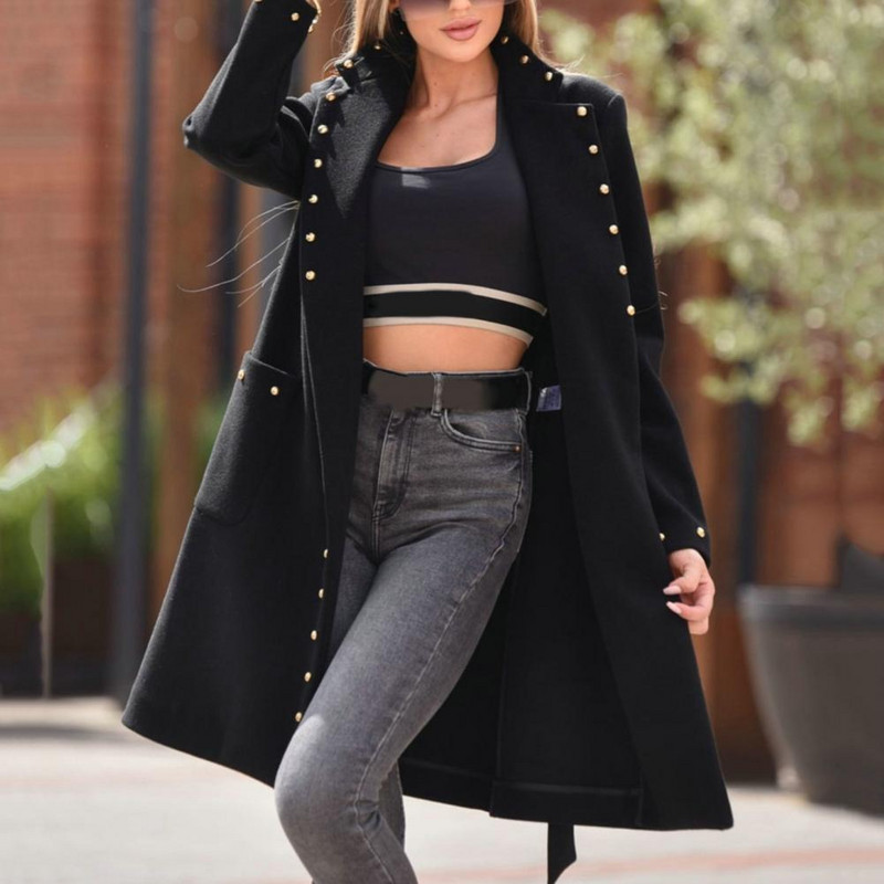 Ženski kaput, ovratnik s preklopom, dugi rukavi, remen na vezanje oko struka, dekor s zakovicama, srednje dugačak vuneni zimski topli ženski kaput, ulična odjeća