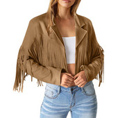 Cardigan cu ciucuri cu tiv cu franjuri pentru femei, crop tops, jachetă de motocicletă din piele de căprioară artificială, haină hippie vintage Streetwear cu rever