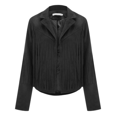 Cardigan cu ciucuri cu tiv cu franjuri pentru femei, crop tops, jachetă de motocicletă din piele de căprioară artificială, haină hippie vintage Streetwear cu rever