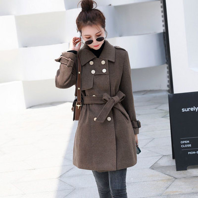 Toamnă/Iarnă 2023 Jachetă nouă de damă Palton de lână cu două piepturi, cu centură subțire cu rever, Trenci de iarnă din lână, pentru femei