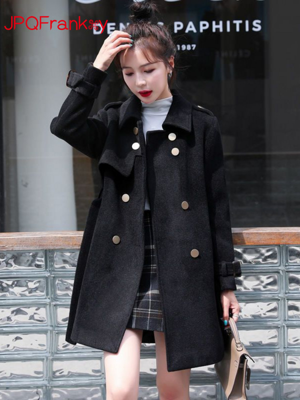 Toamnă/Iarnă 2023 Jachetă nouă de damă Palton de lână cu două piepturi, cu centură subțire cu rever, Trenci de iarnă din lână, pentru femei