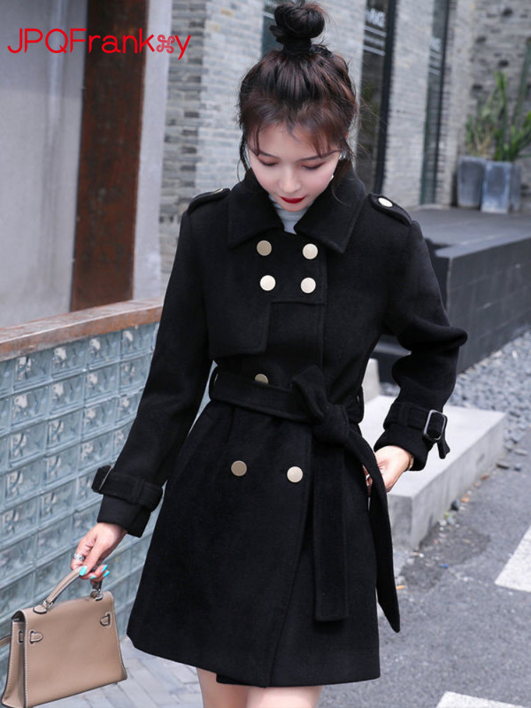 Toamnă/Iarnă 2023 Jachetă nouă de damă Palton de lână cu două piepturi, cu centură subțire cu rever, Trenci de iarnă din lână, pentru femei