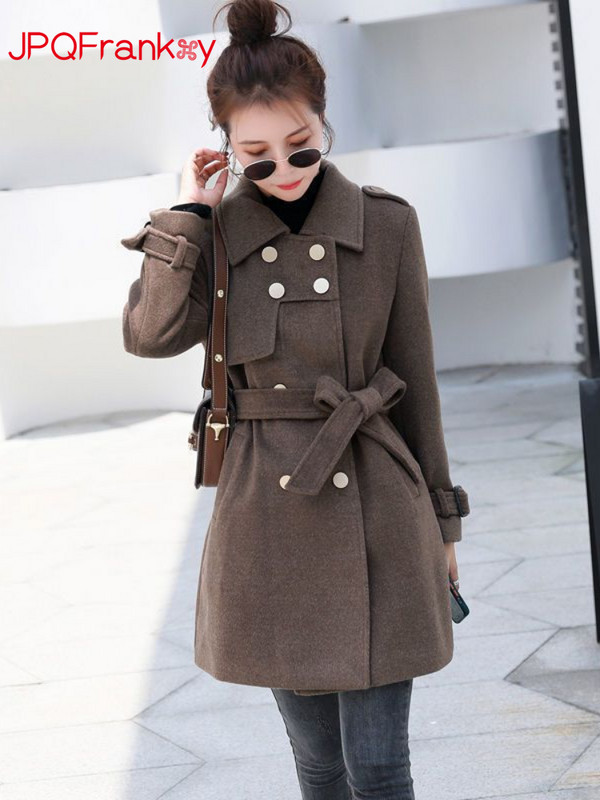 Toamnă/Iarnă 2023 Jachetă nouă de damă Palton de lână cu două piepturi, cu centură subțire cu rever, Trenci de iarnă din lână, pentru femei