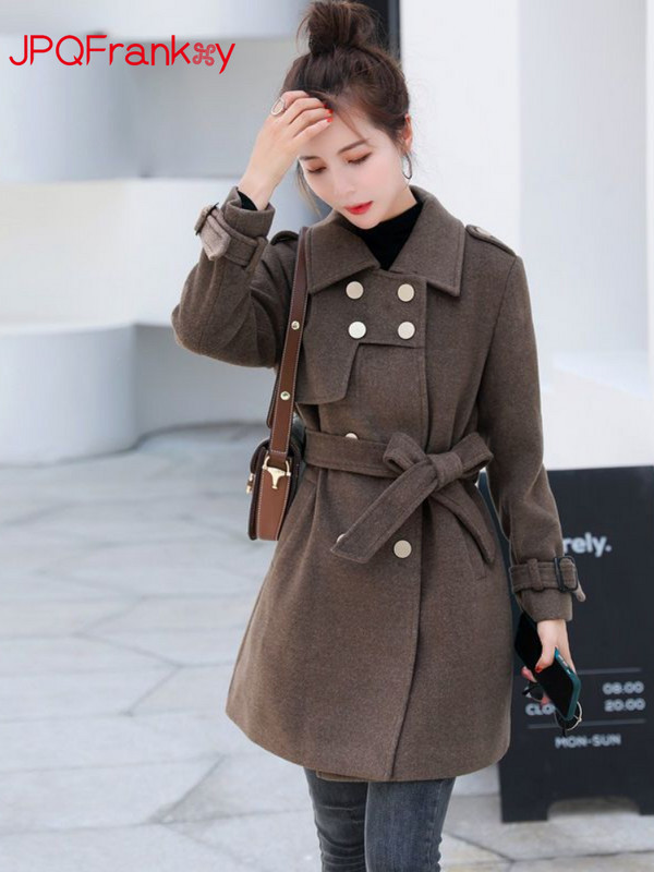 Toamnă/Iarnă 2023 Jachetă nouă de damă Palton de lână cu două piepturi, cu centură subțire cu rever, Trenci de iarnă din lână, pentru femei